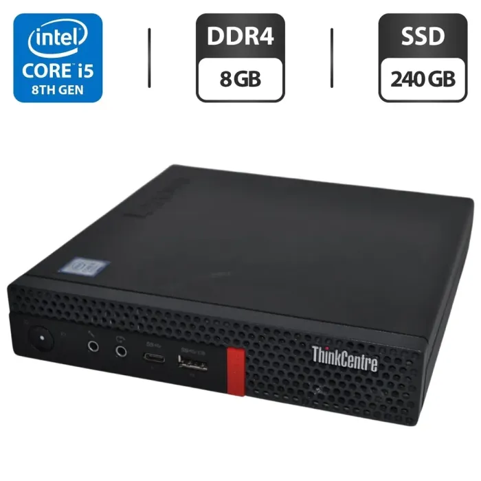 Неттоп Lenovo ThinkCentre M720q Tiny USFF / Intel Core i5-8400T (6 ядер по 1.7 - 3.3 GHz) / 8 GB DDR4 / 240 GB SSD / Intel UHD Graphics 630 / Wi-Fi / Windows 11 Pro + Блок живлення б/в - зображення 1