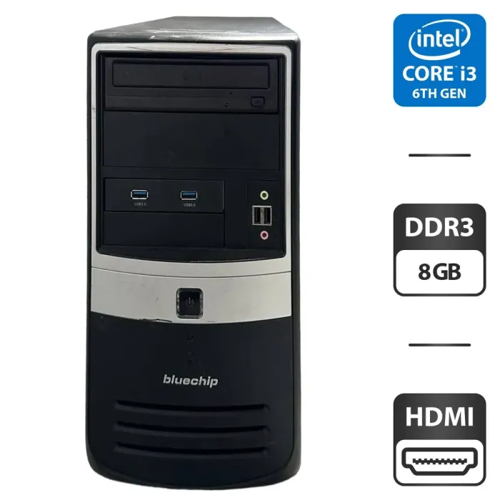 Комп'ютер Bluechip Tower / Intel Core i3-6100 (2 (4) ядра по 3.7 GHz) / 8 GB DDR3 / 500 GB HDD / HD Graphics 530 / DVD-ROM / VGA б/в - зображення 1
