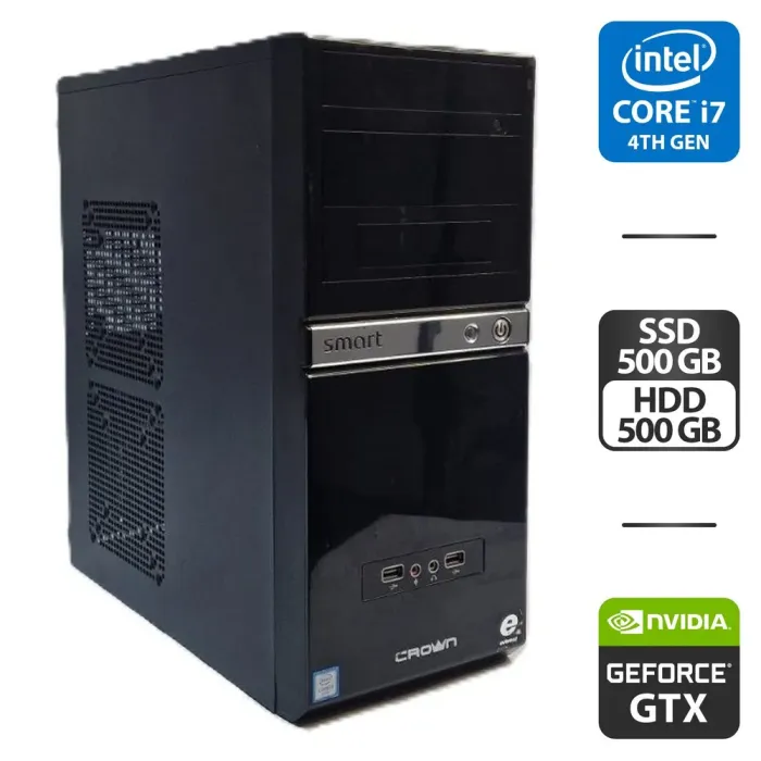 Комп'ютер Crown SM601 Black Tower / Intel Core i7-4790S (4 (8) ядра по 3.2 - 4.0 GHz) / 16 GB DDR3 / 500 GB SSD + 500 GB HDD / nVidia GeForce GTX 1060, 6 GB GDDR5, 192-bit / 400W б/в - зображення 1