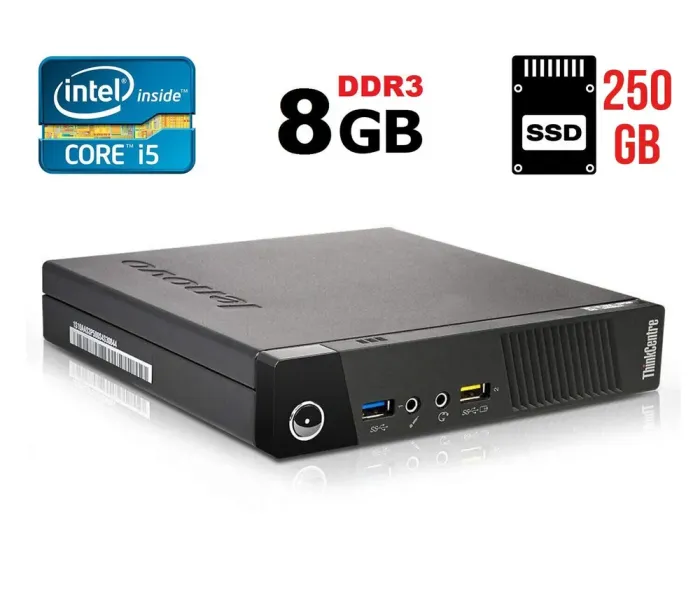Неттоп Lenovo ThinkCentre M93p Tiny USFF / Intel Core i5-4570T (2 (4) ядра по 2.9 - 3.6 GHz) / 8 GB DDR3 / 250 GB SSD / Intel HD Graphics 4600 / DisplayPort / Блок живлення в комплекті б/в - зображення 1