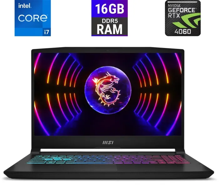 Ігровий ноутбук MSI Katana 15 B12VFK-237CA / 15.6" (1920x1080) IPS / Intel Core i7-12650H (10 (16) ядер по 2.3 - 4.7 GHz) / 16 GB DDR5 / 1000 GB SSD M.2 / nVidia GeForce RTX 4060, 8 GB GDDR6, 128-bit / WebCam / HDMI б/в - зображення 1