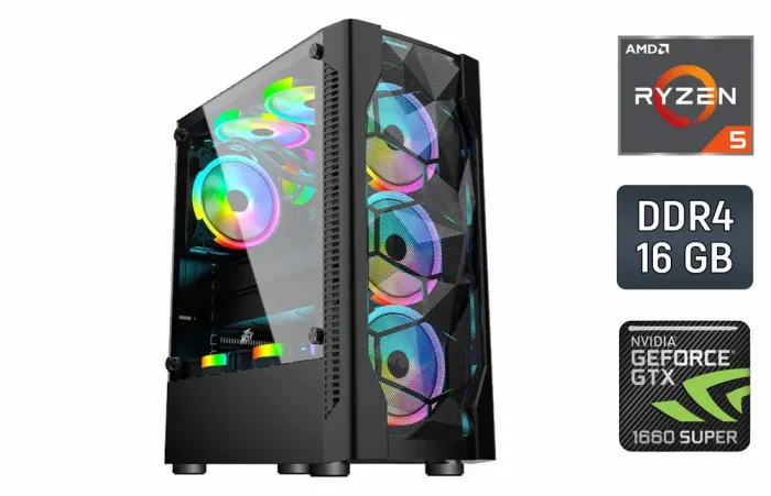 Ігровий ПК 1stPlayer Color ATX Gaming PC / AMD Ryzen 5 5500 (6 (12) ядер 3,6 - 4,2 ГГц) / 16 ГБ DDR4 / 512 ГБ SSD / nVidia GeForce GTX 1660 Super, 6 ГБ GDDR6, 192-біт / 500 Вт / Asus Prime A450M-K б/в - зображення 1