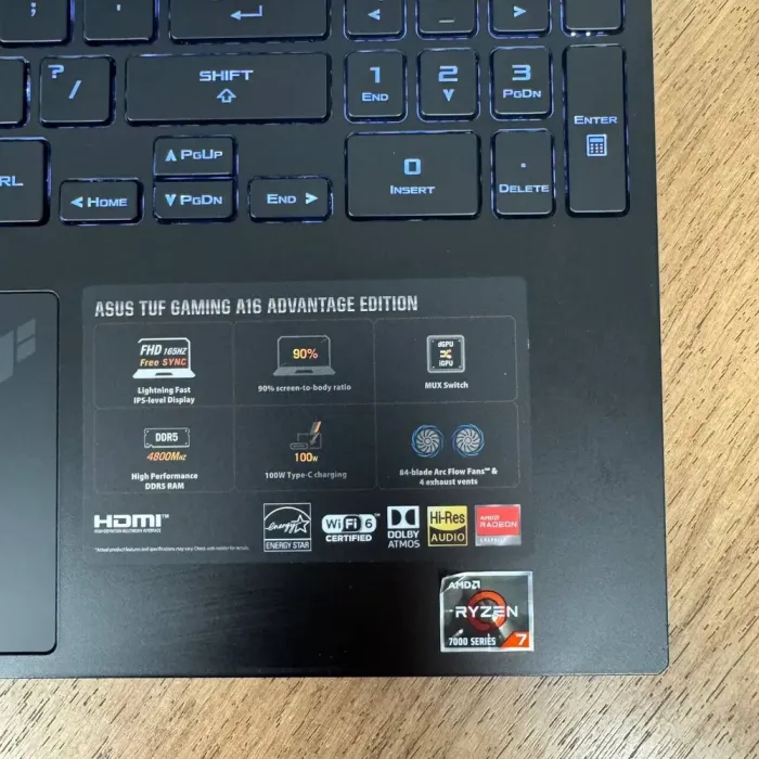 Ігровий ноутбук Б-клас Asus TUF Gaming Advantage A16 FA617NS / 16" (1920x1200) IPS / AMD Ryzen 7 7735HS (8 (16) ядер по 3.2 - 4.75 GHz) / 16 GB DDR5 / 512 GB SSD / AMD Radeon RX 7600S, 8 GB GDDR6, 128-bit / WebCam б/в - зображення 8