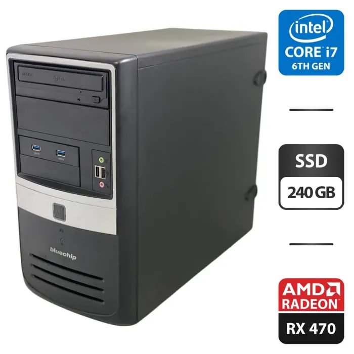 Комп'ютер BlueChip Tower / Intel Core i7-6700 (4 (8) ядра по 3.4 - 4.0 GHz) / 16 GB DDR4 / 240 GB SSD / AMD Radeon RX 470, 4 GB GDDR5, 256-bit / DVD-ROM б/в - зображення 1