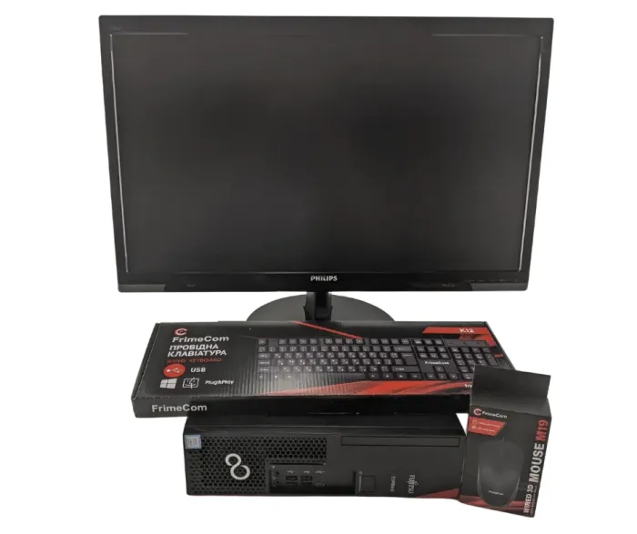 Комплект ПК: Fujitsu Esprimo D738 E85 SFF / Intel Core i3-9100 (4 ядра по 3.6 - 4.2 GHz) / 16 GB DDR4 / 240 GB SSD / Intel UHD Graphics 630 + Монітор Philips V Line 246V5LHAB/00 / 24" (1920x1080) TN / VGA, DVI, HDMI, USB-Hub + Клавіатура, мишка б/в - зображення 2