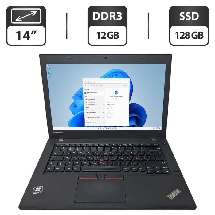 Ноутбук Б-клас Lenovo ThinkPad T450 / 14" (1366x768) TN / Intel Core i5-5300U (2 (4) ядра по 2.3 - 2.9 GHz) / 12 GB DDR3 / 128 GB SSD / Intel HD Graphics 5500 / WebCam б/в - зображення 1
