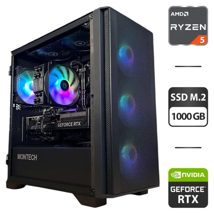 Збірка під замовлення: ігровий ПК Montech Air 1000 Premium Black Tower / AMD Ryzen 5 7500F (6 (12) ядер по 3.7 - 5.0 GHz) / 32 GB DDR5 / 1000 GB SSD M.2 / nVidia GeForce RTX 5070, 12 GB GDDR7, 192-bit / 750W - зображення 1