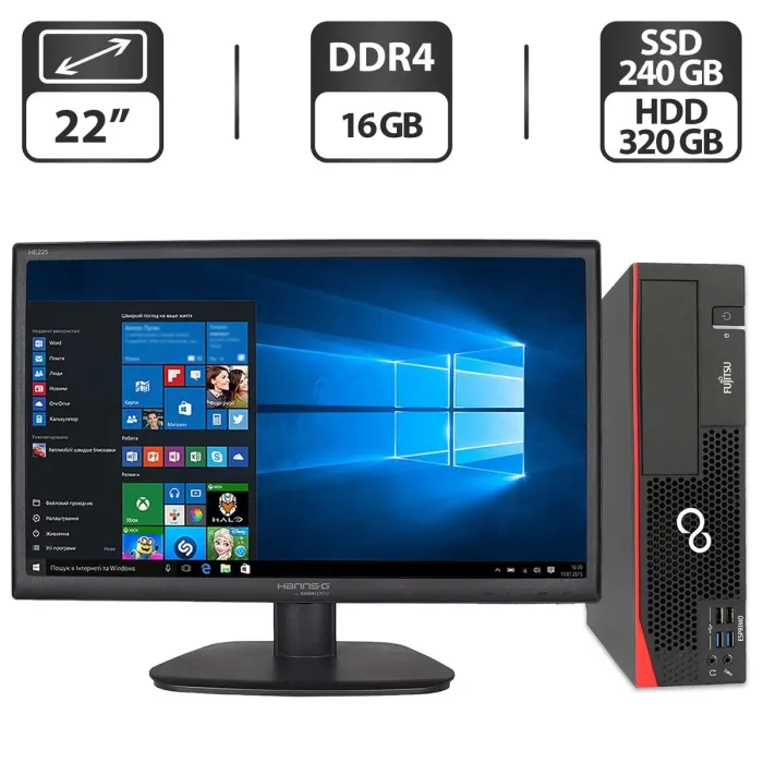 Комплект ПК: Fujitsu D757 E90 SFF / Intel Core i5-6500 (4 ядра по 3.2 - 3.6 GHz) / 16 GB DDR4 / 240 GB SSD + 320 GB HDD / Intel HD Graphics + Монітор Б-клас 22" (1680x1050) TN / VGA+ Windows 11 Pro б/в - зображення 1