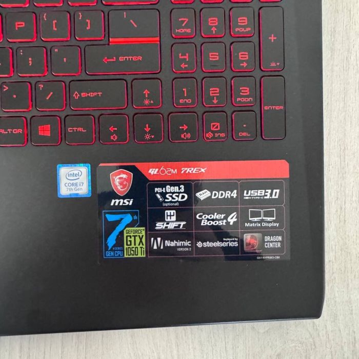 Ігровий ноутбук Б-класу MSI GL62M 7REX / 15,6" (1920x1080) TN / Intel Core i7-7700HQ (4 (8) ядра по 2,8 - 3,8 ГГц) / 16 ГБ DDR4 / 128 ГБ SSD NVMe + 1000 ГБ HDD / nVidia GeForce GTX 1050 Ti, 4 ГБ GDDR5, 128-біт / Веб-камера б/в - зображення 10