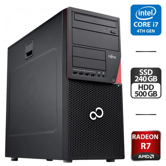 Комп'ютер Fujitsu Esprimo P720 E90 Tower / Intel Core i7-4770 (4 (8) ядра по 3.4 - 3.9 GHz) / 16 GB DDR3 / 240 GB SSD + 500 GB HDD / AMD Radeon R7 240, 2 GB GDDR3, 128-bit  б/в - зображення 1