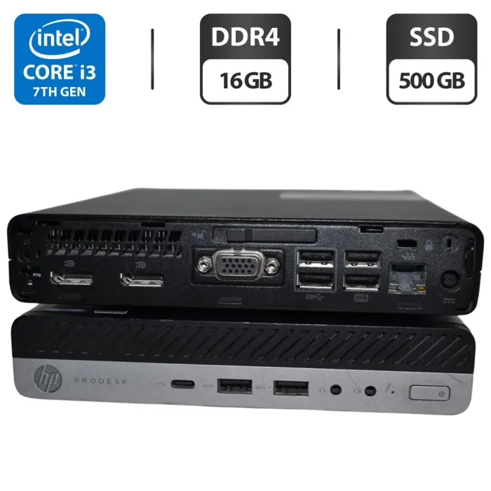 Неттоп HP ProDesk 600 G3 Mini PC USFF / Intel Core i3-7100T (2 (4) ядра по 3.4 GHz) / 16 GB DDR4 / 500 GB SSD / Intel HD Graphics 630 / Windows 11 Pro + Блок живлення б/в - зображення 1
