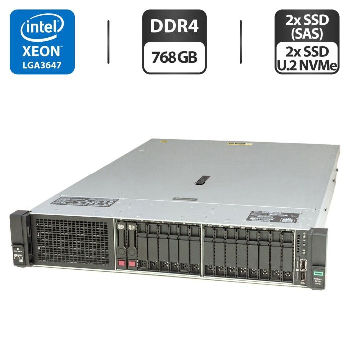 Сервер HP ProLiant DL380 Gen10 (8x 2.5 SFF, 8x 2.5 U2 NVMe) 2U Rack / 2x Intel Xeon Gold 6138 (20 (40) ядра по 2.0 - 3.7 GHz) / 768 GB DDR4 / 2x 800 GB SSD (SAS) + 2x 1920 SSD U.2 NVMe / RAID HP Smart Array P408 / 2x 500W б/в - зображення 1