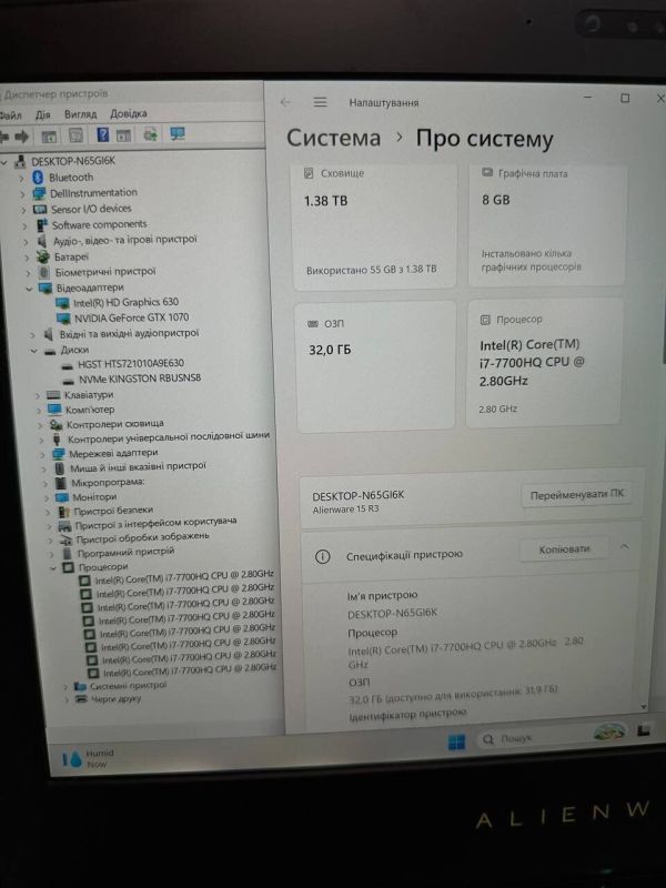 Ігровий ноутбук Dell Alienware 15 R3 / 15.6" (3840x2400) IPS / Intel Core i7-7700HQ (4 (8) ядра по 2.8 - 3.8 GHz) / 32 GB DDR4 / 512 GB SSD + 1000 GB HDD / nVidia GeForce GTX 1070, 8 GB GDDR5, 256-bit / WebCam / Win 11 Pro б/в - зображення 11