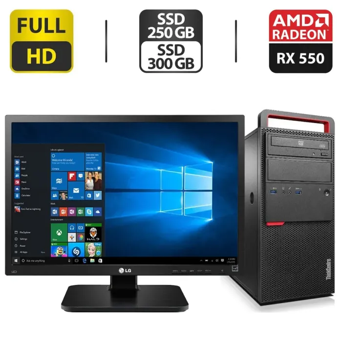 Комплект: Lenovo ThinkCentre M800 Tower / Intel Core i3-6100 (2 (4) ядра по 3.7 GHz) / 16 GB DDR4 / 250 GB SSD + 300 GB SSD / Sapphire Radeon RX 550, 4 GB GDDR5, 128-bit / DVD-ROM + Монітор LG 24MB37PM-B / 24" (1920x1080) IPS б/в - зображення 1