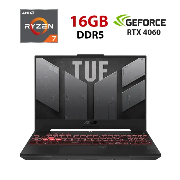 Ігровий ноутбук Asus TUF Gaming 15 FA507NV-LP109W / 15.6" (1920x1080) IPS / AMD Ryzen 5 7535HS (6 (12) ядер по 3,3 - 4,55 ГГц) / 16 ГБ DDR5 / 240 ГБ SSD / nVidia GeForce RTX 4060, 8 ГБ GDDR6, 128-bit / WebCam б/в - зображення 1