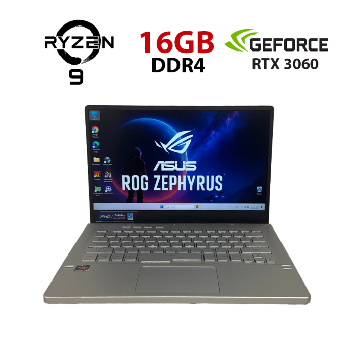 Ігровий ноутбук Asus ROG Zephyrus G14 GA401QM / 14" (1920x1080) IPS / AMD Ryzen 9 5900HS (8 (16) ядер по 3,0 - 4,6 ГГц) / 16 ГБ DDR4 / 512 ГБ SSD / nVidia GeForce RTX 3060, 6 ГБ GDDR6, 192-біт / Без веб-камери б/в - зображення 1