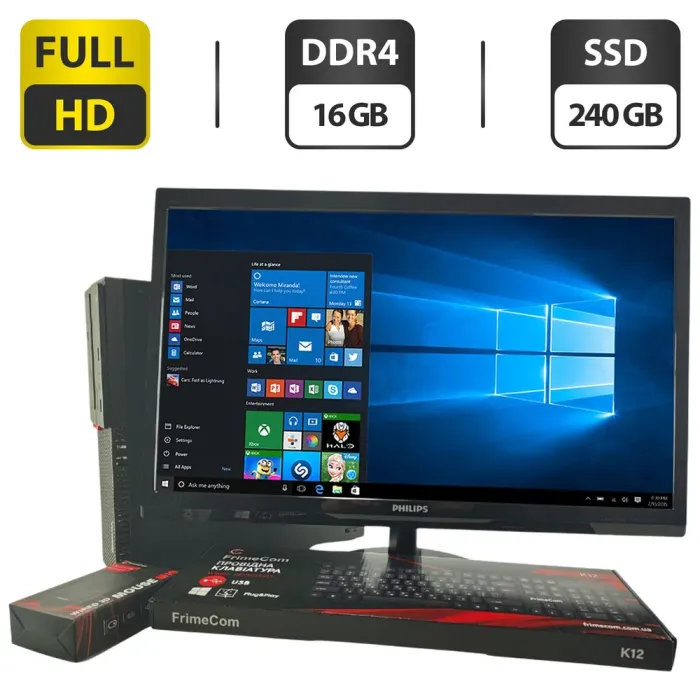 Комплект ПК: Lenovo ThinkCentre M800 SFF / Intel Core i5-6400 (4 ядра по 2.7 - 3.3 GHz) / 16 GB DDR4 / 240 GB SSD / Intel HD Graphics 530 + Монітор Philips 246V5L / 24" (1920x1080) TN / VGA, DVI б/в - зображення 1