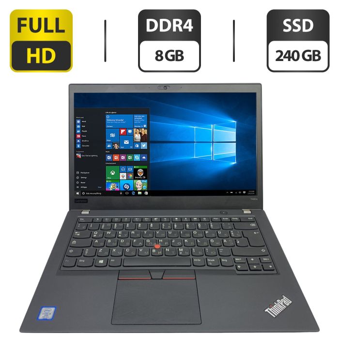 Ультрабук Lenovo ThinkPad T480s / 14" (1920x1080) IPS / Intel Core i5-7300U (2 (4) ядра по 2.6 - 3.5 GHz) / 8 GB DDR4 / 240 GB SSD / Intel UHD Graphics 620 / WebCam б/в - зображення 1