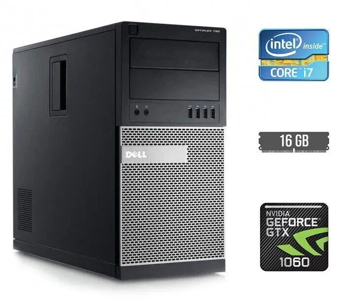 Ігровий ПК Dell OptiPlex 790 Tower / Intel Core i7-2600 (4 (8) ядра по 3.4 - 3.8 GHz) / 16 GB DDR3 / 250 GB SSD + 1000 GB HDD / nVidia GeForce GTX 1060, 6 GB GDDR5, 192-bit б/в - зображення 1