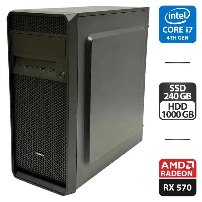 Комп'ютер Vinga CS210B Black Tower / Intel Core i7-4790S (4 (8) ядра по 3.2 - 4.0 GHz) / 16 GB DDR3 / 240 GB SSD + 1000 GB HDD / AMD Radeon RX 570, 4 GB GDDR5, 256-bit / 400W б/в - зображення 1