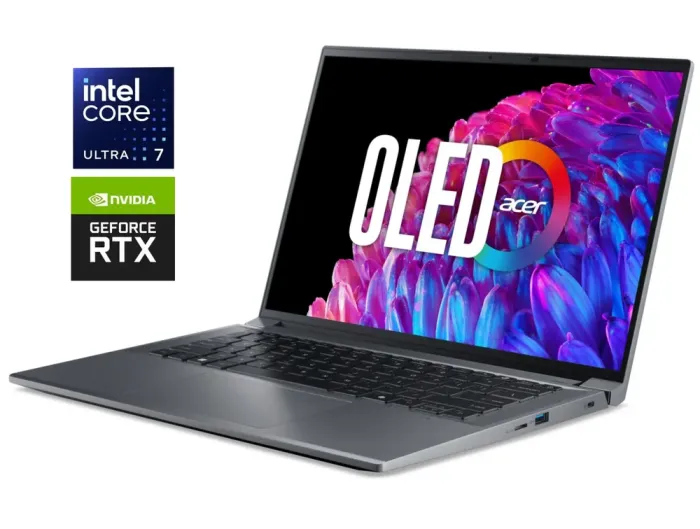 Ігровий ноутбук Б-класу Acer Swift X 14 SFX14-72G / 14.5" (2880x1800) OLED / Intel Core Ultra 7 155H (16 (22) ядер по 3,8 - 4,8 ГГц) / 16 ГБ DDR5 / 1000 ГБ SSD NVMe / nVidia GeForce RTX 4060, 8 ГБ GDDR6, 128-bit / WebCam б/в - зображення 1