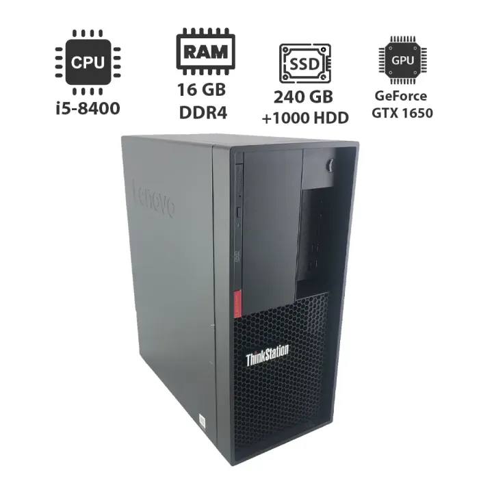Ігровий ПК Lenovo ThinkStation P330 Tower / Intel Core i5-8400 (6 ядер 2,8 - 4,0 ГГц) / 16 ГБ DDR4 / 240 ГБ SSD + 1000 ГБ HDD / nVidia GeForce GTX 1650, 4 ГБ GDDR5, 128-біт / DVI, DP, HDMI б/в - зображення 1