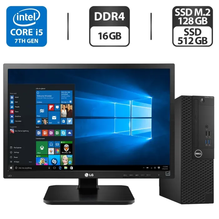 Комплект: Dell OptiPlex 3050 SFF / Intel Core i5-7400T (4 ядра по 2,4 - 3,0 ГГц) / 16 ГБ DDR4 / 128 ГБ SSD M.2 + 512 ГБ SSD / Intel HD Graphics 630 / DVD-ROM + Монітор LG 24MB37PM-B / 24" (1920x1080) IPS б/в - зображення 1