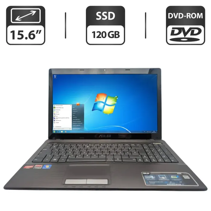 Ноутбук Asus X53B / 15.6" (1366x768) TN / AMD E-350 (2 ядра по 1.6 GHz) / 6 GB DDR3 / 120 GB SSD / AMD Radeon HD 6310 Graphics / WebCam / DVD-ROM б/в - зображення 1