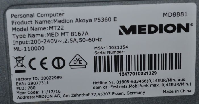 Комп'ютер Medion Akoya P5360 E-MT22 Tower / Intel Core i5-6402P (4 ядра по 2,8 - 3,4 ГГц) / 8 ГБ DDR4 / 128 ГБ SSD / Intel HD Graphics 510 / DVD-ROM / Windows 11 Home б/в - зображення 7