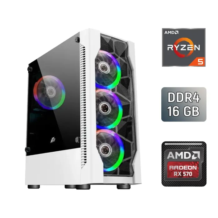 Ігровий ПК 1stPlayer White ATX / AMD Ryzen 5 2600 (6 (12) ядер 3,4 - 3,9 ГГц) / 16 ГБ DDR4 / 128 ГБ SSD + 1000 ГБ HDD / AMD Radeon RX 570, 8 ГБ GDDR5, 256-біт / 500 Вт / Asus Prime A520M-K б/в - зображення 1