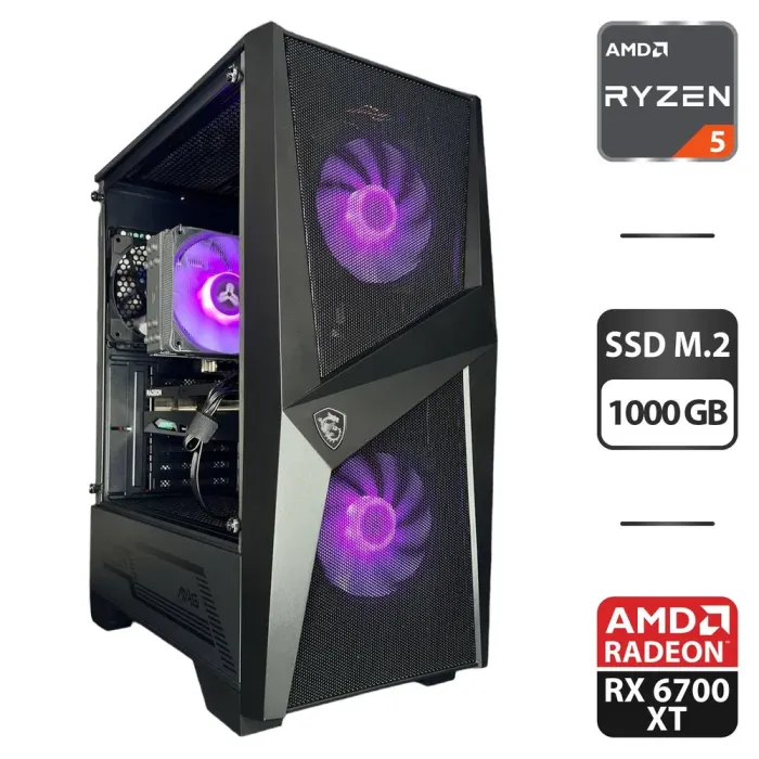 Збірка під замовлення: ігровий ПК MSI MAG Forge 100M Black Tower / AMD Ryzen 5 5600 (6 (12) ядер по 3.5 - 4.4 GHz) / 16 GB DDR4 / 1000 GB SSD M.2 / AMD Radeon RX 6700 XT, 12 GB GDDR6, 192-bit / 650W б/в - зображення 1