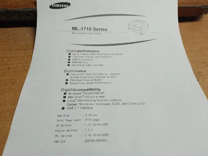 Принтер Samsung ML-1710 / Лазерний монохромний друк / 600x600 dpi / 16 стор./хв / A4 / USB 2.0 б/в - зображення 4
