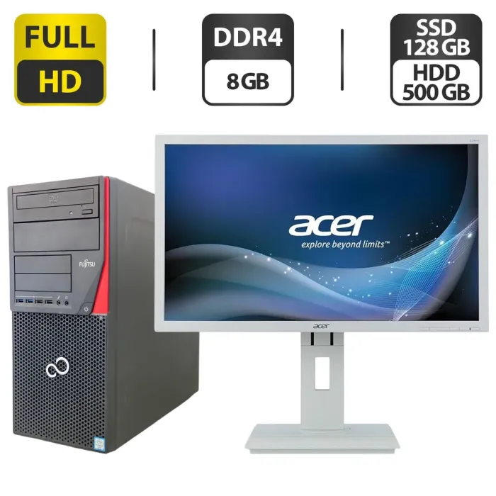 Комплект ПК: комп'ютер Fujitsu Esprimo P756 E90 Tower / Intel Core i3-6100 (2 (4) ядра по 3.7 GHz) / 8 GB DDR4 / 128 GB SSD + 500 GB HDD / Intel HD Graphics 530 / DVD-ROM + Монітор Б-клас Acer B246HL / 24" (1920x1080) TN б/в - зображення 1