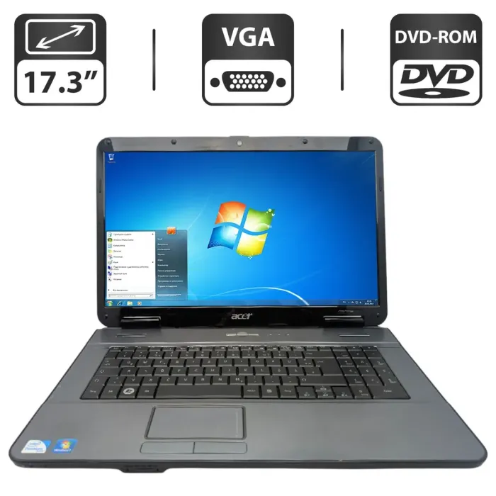 Ноутбук Acer Aspire 7715Z / 17.3" (1600x900) TN / Intel Pentium T4500 (2 ядра по 2.3 GHz) / 4 GB DDR3 / 250 GB HDD / Intel Graphics / WebCam / DVD-ROM / АКБ не тримає заряд б/в - зображення 1
