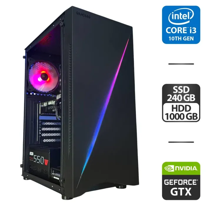 Комп'ютер Gamdias Argus E5 RGB Tower / Intel Core i3-10105F (4 (8) ядра по 3,7 - 4,4 ГГц) / 16 ГБ DDR4 / 240 ГБ SSD + 1000 ГБ HDD / nVidia GeForce GTX 1660 Super, 6 ГБ GDDR6, 192-біт / 550 Вт б/в - зображення 1