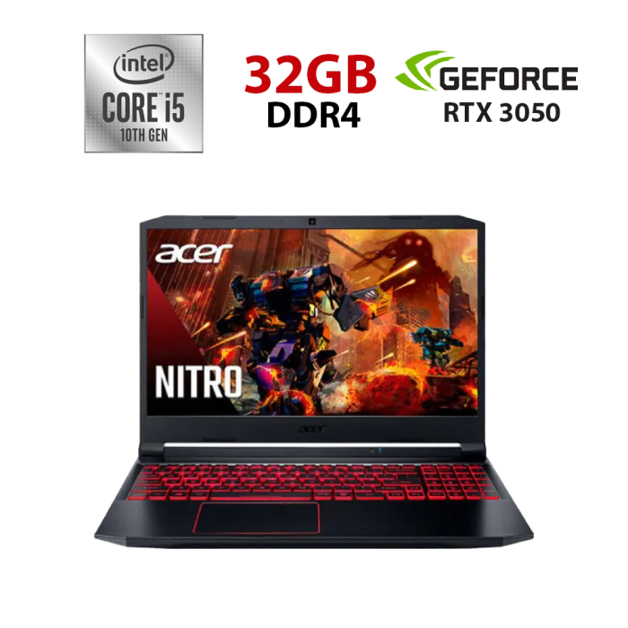 Ігровий ноутбук Acer Nitro 5 AN515-55 / 15.6" (1920x1080) IPS / Intel Core i5-10300H (4 (8) ядра по 2,5 - 4,5 ГГц) / 32 ГБ DDR4 / 256 ГБ SSD + 256 ГБ SSD / nVidia GeForce RTX 3050, 4 ГБ GDDR6, 128-біт / WebCam б/в - зображення 1