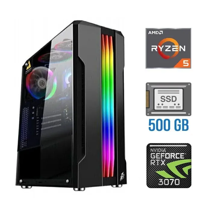 Ігровий ПК Tower / AMD Ryzen 5 5500 (6 (12) ядер по 3.6 - 4.2 GHz) NEW / 16 GB DDR4 NEW / 500 GB SSD NEW / nVidia GeForce RTX 3070, 8 GB GDDR6, 256-bit / 600W NEW б/в - зображення 1