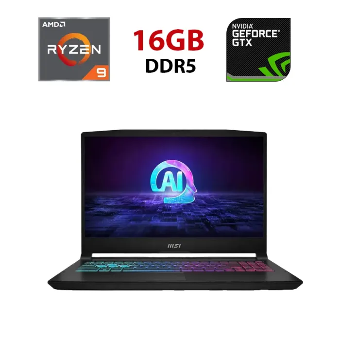 Ігровий ноутбук MSI Katana A15 AI B8VG-425NEU / 15.6" (1920x1080) IPS / AMD Ryzen 9 8945HS (8 (16) ядер по 4.0 – 5.2 GHz) / 32 GB DDR5 / 960 GB SSD / nVidia GeForce RTX 4070, 8 GB GDDR6, 128-bit / WebCam б/в - зображення 1