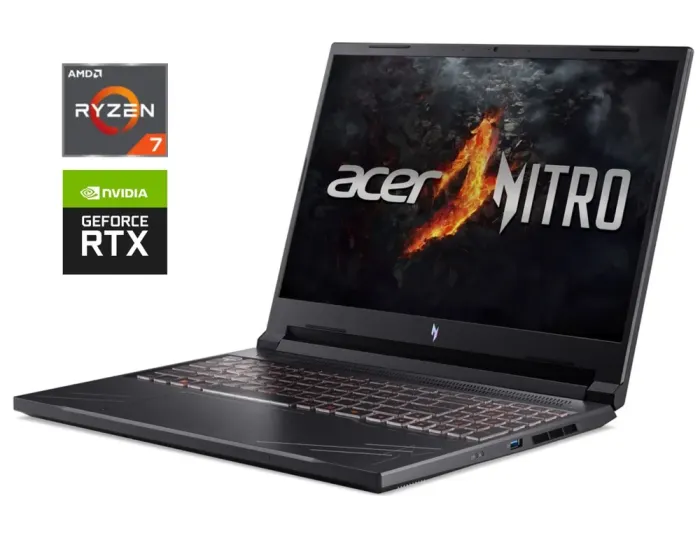 Ігровий ноутбук Acer Nitro V16 ANV16-41-R514 / 16" (1920x1200) IPS / AMD Ryzen 7 8845HS (8 (16) ядер по 3.8 - 5.1 GHz) / 16 GB DDR5 / 1000 GB SSD NVMe / nVidia GeForce RTX 4060, 8 GB GDDR6, 128-bit / WebCam б/в - зображення 1