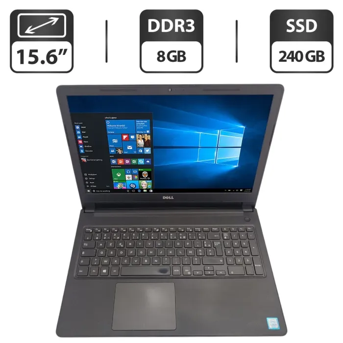 Ноутбук Dell Vostro 3568 / 15.6" (1366x768) TN / Intel Core i5-7200U (2 (4) ядра по 2.5 - 3.1 GHz) / 8 GB DDR3 / 240 GB SSD / Intel HD Graphics 620 / WebCam / DVD-ROM б/в - зображення 1
