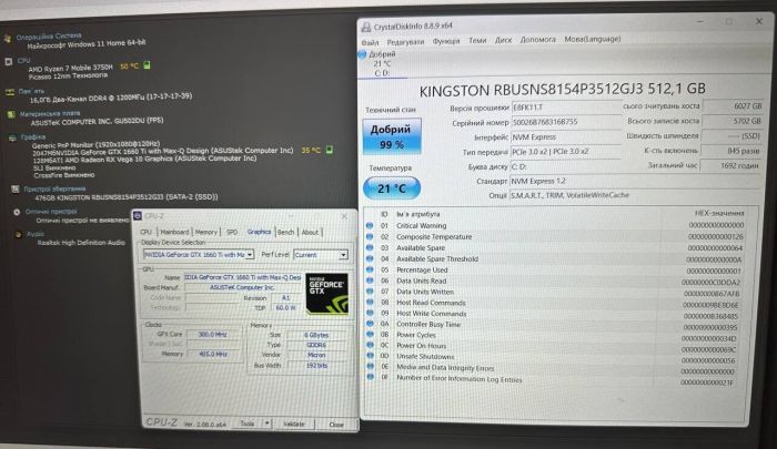 Ігровий ноутбук Б-класу Asus ROG Zephyrus GA502DU / 15,6" (1920x1080) IPS / AMD Ryzen 7 3750H (4 (8) ядра по 2,3 - 4,0 ГГц) / 16 ГБ DDR4 / 512 ГБ SSD / nVidia GeForce GTX 1660 Ti Max-Q, 6 ГБ GDDR6, 192-біт б/в - зображення 8