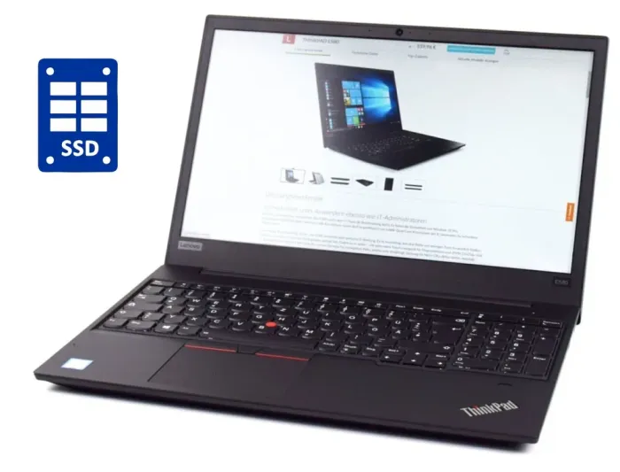Ноутбук Lenovo ThinkPad E580 / 15.6" (1920x1080) IPS / Intel Core i3-8130U (2 (4) ядра по 2.2 - 3.4 GHz) / 8 GB DDR4 / 256 GB SSD / Intel UHD Graphics 620 / WebCam / Win 10 Pro б/в - зображення 1