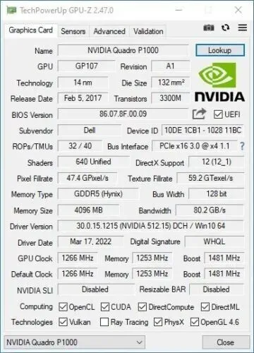 Дискретна відеокарта nVidia Quadro P1000, 4 GB GDDR5, 128-bit / miniDP б/в - зображення 4