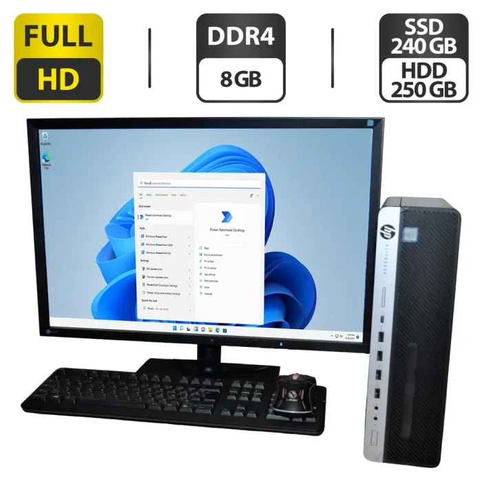 Комплект ПК: HP EliteDesk 800 G3 SFF / Intel Core i5-6500 (4 ядра по 3.2 - 3.6 GHz) / 8 GB DDR4 / 240 GB SSD + 250 GB HDD / Intel HD Graphics 530 + Монітор Б-клас EIZO FlexScan EV2436W / 24" (1920x1080) IPS + Клавіатура, мишка, кабелі / Windows 11 Pro б/в - зображення 1