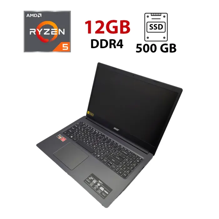 Ноутбук Acer Aspire A315 / 15.6" (1920x1080) TN / AMD Ryzen 5 3500u (4 (8) ядра по 2.1 - 3.7 GHz) / 12 GB DDR4 / 500 GB SSD / AMD Radeon 625, 2 GB GDDR3, 64-bit / WebCam б/в - зображення 1