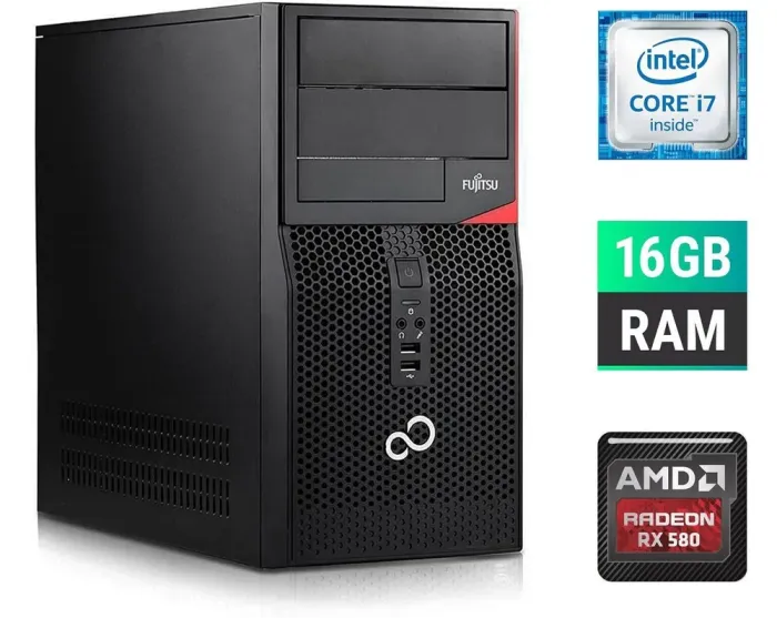 Ігровий ПК Fujitsu Tower / Intel Core i7-6700 (4 (8) ядра по 3.4 - 4.0 GHz) / 16 GB DDR4 / 500 GB SSD + 1000 GB HDD / AMD Radeon RX 580, 8 GB GDDR5, 256-bit б/в - зображення 1