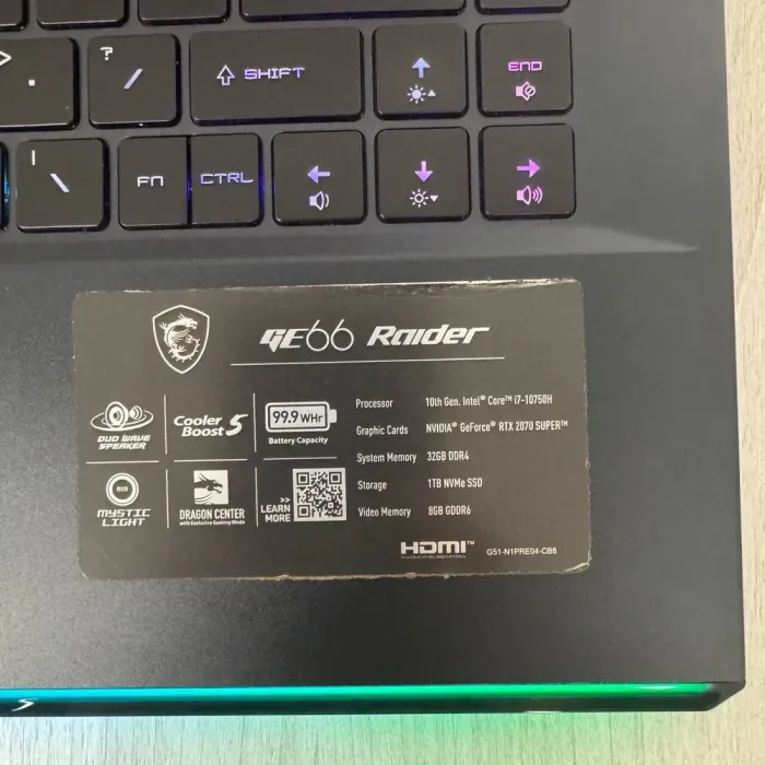 Ігровий ноутбук MSI GE66 Raider 10SFS / 15.6" (1920x1080) IPS / Intel Core i7-10750H (6 (12) ядер по 2,6 - 5,0 ГГц) / 32 ГБ DDR4 / 1000 ГБ SSD NVMe / nVidia GeForce RTX 2070 Super, 8 ГБ GDDR6, 256-bit / WebCam б/в - зображення 9