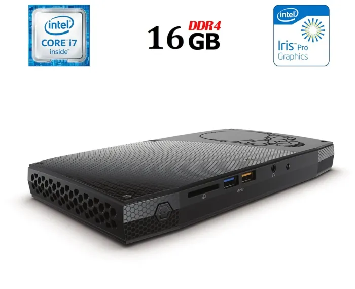 Неттоп Intel NUC Skull Canyon NUC6i7KYK USFF / Intel Core i7-6770HQ (4 (8) ядра по 2.6 - 3.5 GHz) / 16 GB DDR4 / 240 GB SSD / Intel Iris Pro Graphics 580 / Wi-Fi / HDMI / miniDP б/в - зображення 1