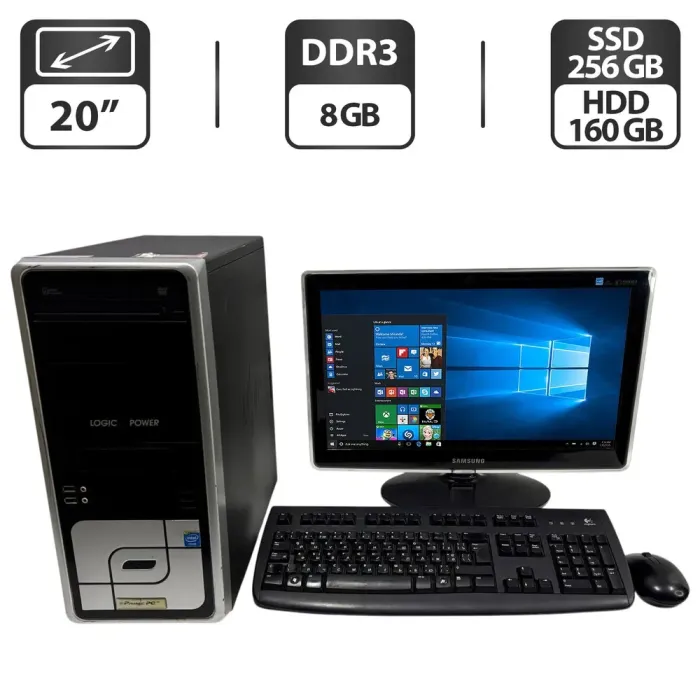 Комплект ПК: LogicPower DQ67EP Tower / Intel Core i5-2500S (4 ядра по 2.7 - 3.7 GHz) / 8 GB DDR3 / 256 GB SSD + 160 GB HDD / Intel HD Graphics 2000 + Монітор Samsung SyncMaster P2070 / 20" (1600x900) TN + Кабелі, клавіатура, мишка б/в - зображення 1