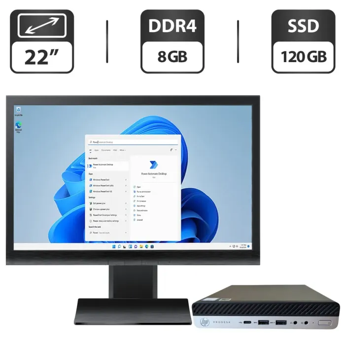 Комплект ПК: HP ProDesk 600 G3 Mini PC USFF / Intel Core i3-7100T (2 (4) ядра по 3.4 GHz) / 8 GB DDR4 / 120 GB SSD / Intel HD Graphics 630 + Монітор Б-клас 22" (1680x1050) TN + Windows 11 Pro б/в - зображення 1